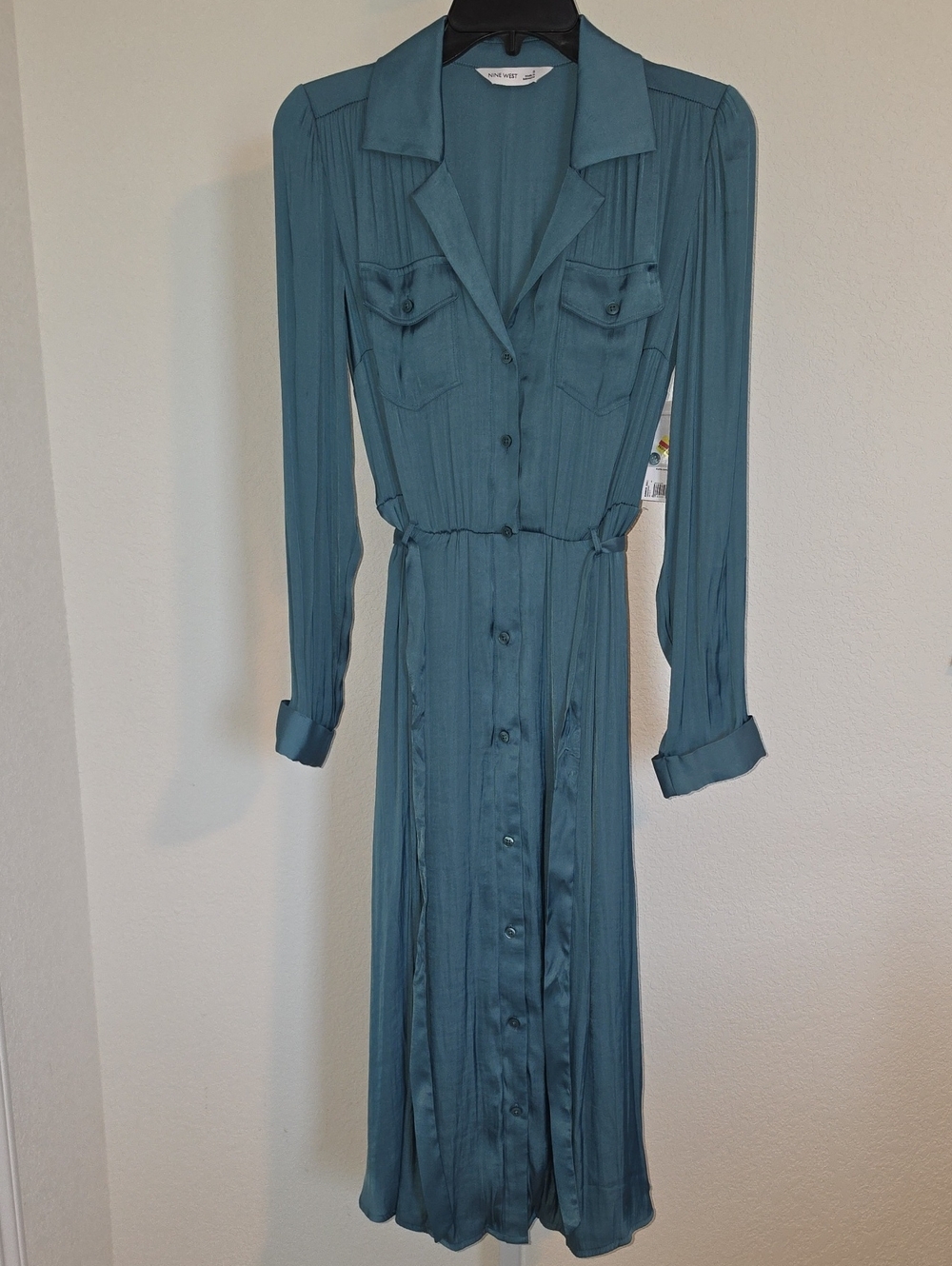 Long Sleeve Button-Front Teal Shirt Dress
